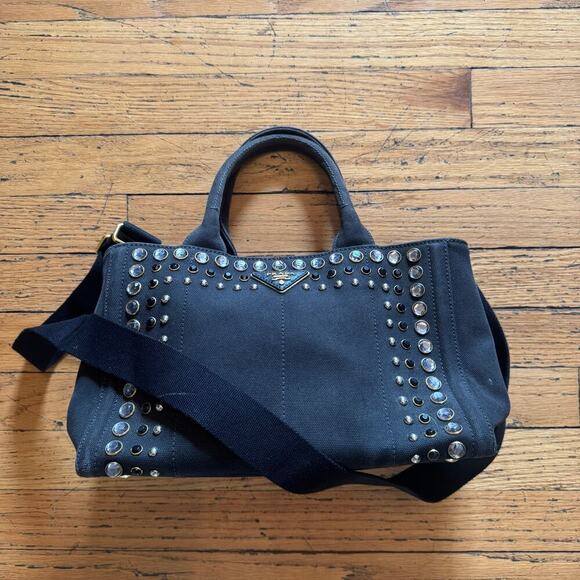 Prada Canapa Studded Black Canvas Tote Bag with Strap crystals - Picture 4 of 9